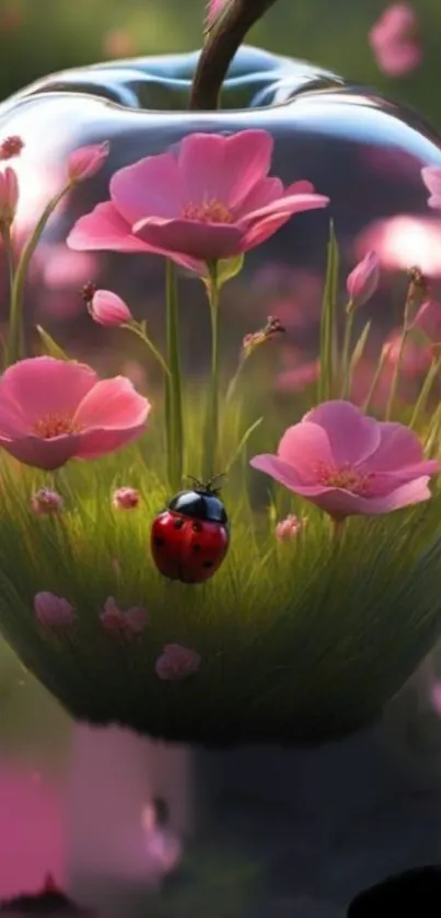 A glass apple encasing vibrant pink flowers and a ladybug, serene and elegant.