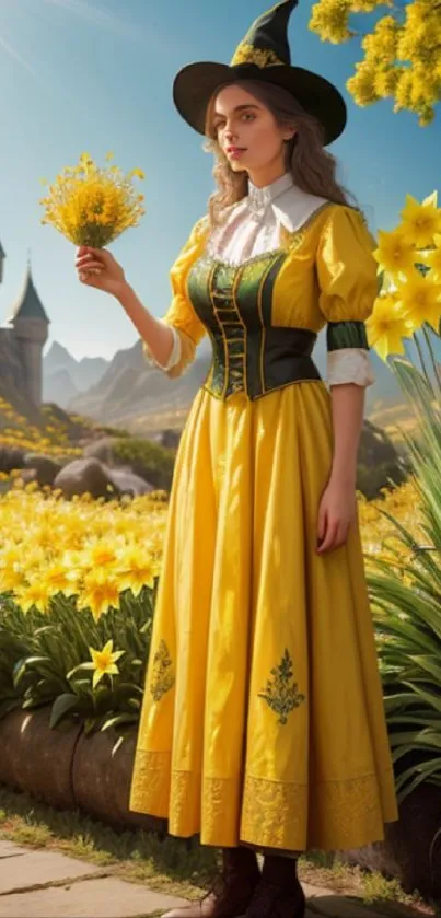 Woman in yellow dress with flowers and castle background.