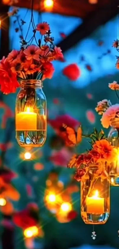 Hanging floral lanterns glowing at night.
