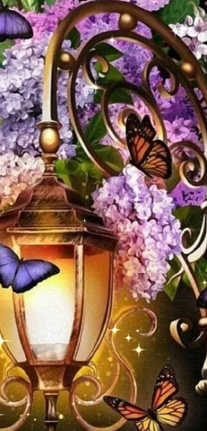 Floral lantern with butterflies and purple flowers on mobile wallpaper.