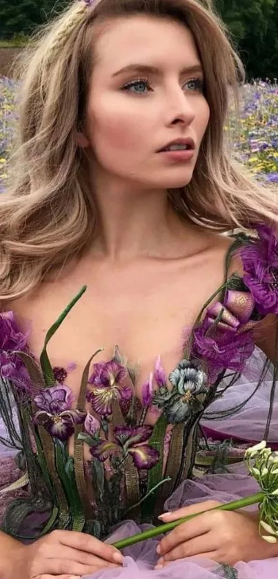 A woman in a floral gown amidst a wildflower field, purple theme.