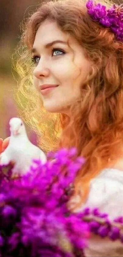 Woman with purple flowers and a white dove, serene and enchanting.