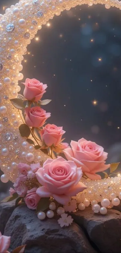 Moonlit rose arrangement with fantasy elements.