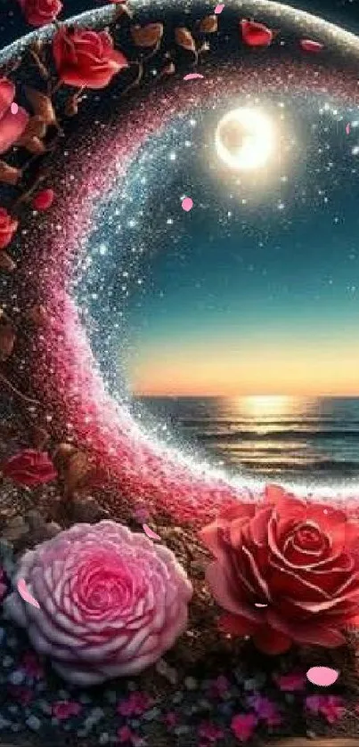 Magical moonlit beach with roses and ocean.