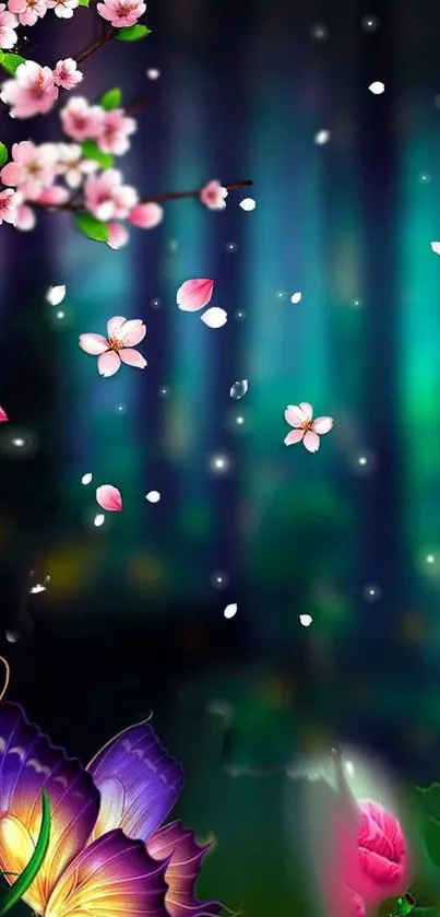 Purple butterfly with pink blossoms against a blue-green night background.