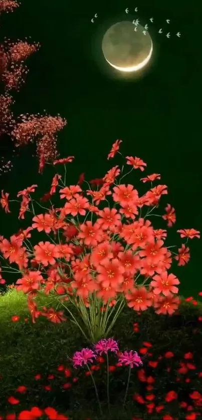 Red flowers in a moonlit garden with dark green background.