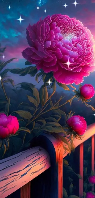 A vibrant floral nightscape with pink peonies and a twilight sky.