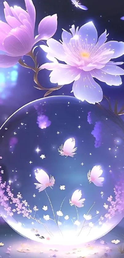 Enchanting floral nightview wallpaper with purple blossoms and glowing butterflies.