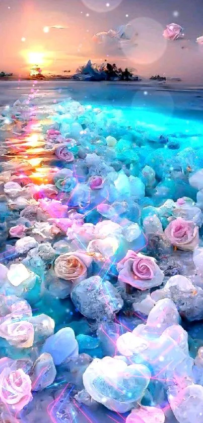 Enchanting ocean fantasy with roses under a vibrant sunset.