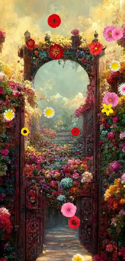 Enchanting floral gateway with vibrant flowers and golden hues.