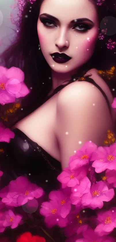 Mystical woman with pink flowers wallpaper.