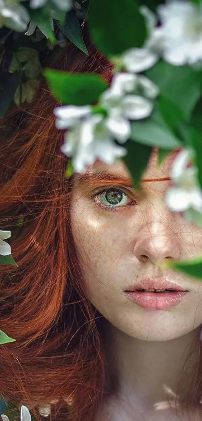 Red-haired portrait with white flowers and green leaves.