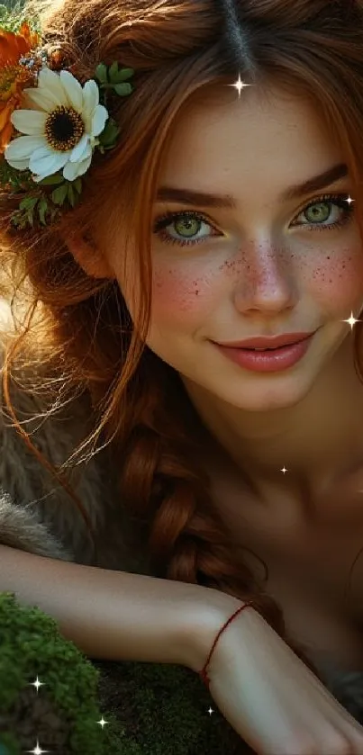 A beautiful woman with flowers in her hair poses in a natural setting, surrounded by green hues.