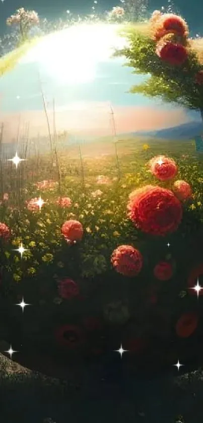 A surreal sphere of flowers in a serene landscape, glowing under a dim sky.