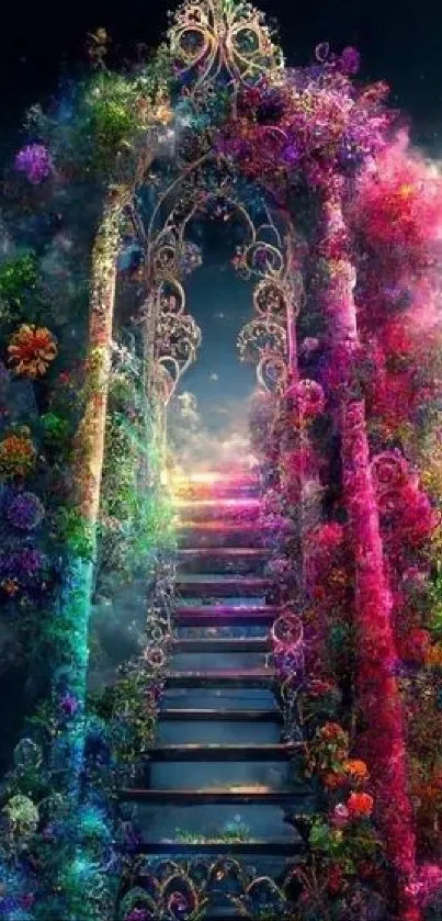 Colorful floral stairway leading into the night sky.