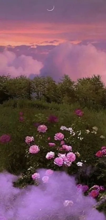 Enchanting floral sunset with lush garden under pink purple sky.