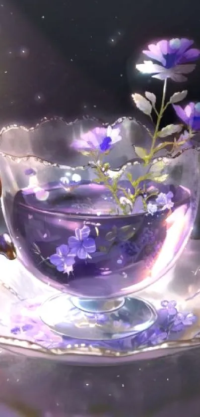 A vintage teacup with purple flowers, artistically lit.