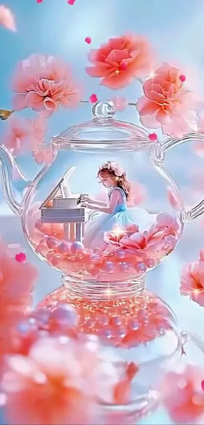 Whimsical floral teapot with piano scene
