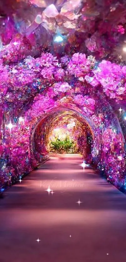 Enchanting tunnel with pink floral glow, creating a magical, vibrant scene.