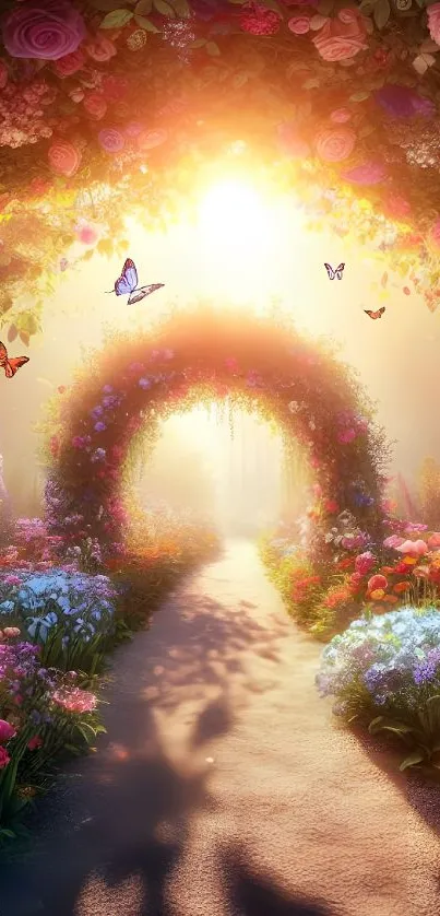 Magical garden path with flowers and butterflies in sunlight.