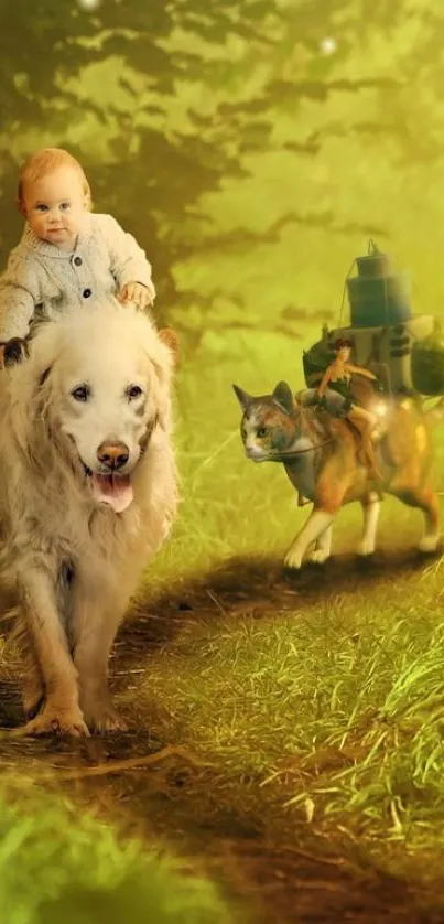 A baby riding a dog in an enchanting green forest setting.