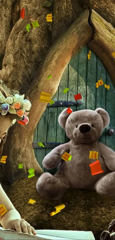 Girl and teddy bear by magical tree in forest adventure.