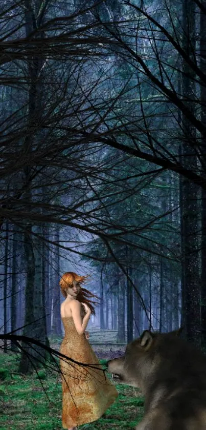 Mysterious forest scene with a woman and a wolf.