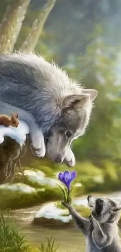 Raccoon offers flower to wolf on snowy cliff in forest setting.