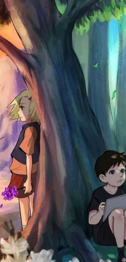 Anime wallpaper of kids under a colorful forest tree.