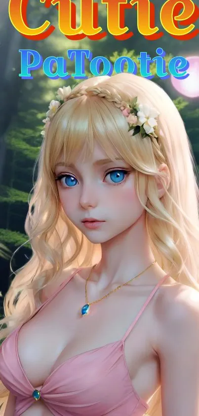 Anime girl in a serene forest setting, blonde hair and floral crown.