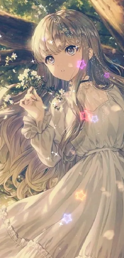 Anime girl in a magical forest setting with flowing dress.