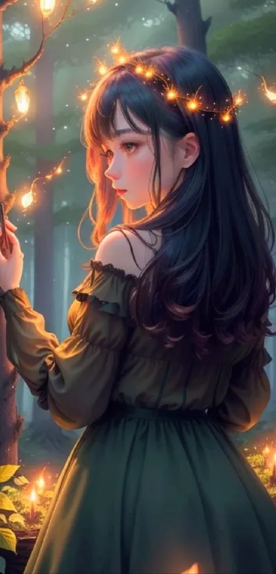 Anime girl with glowing lights in a magical forest setting.