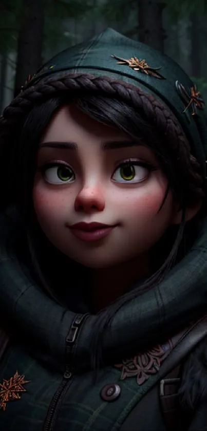 Anime character in a mystical forest, wearing a green hooded coat.