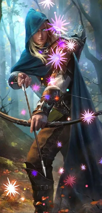 Mystical archer in an enchanting forest scene.