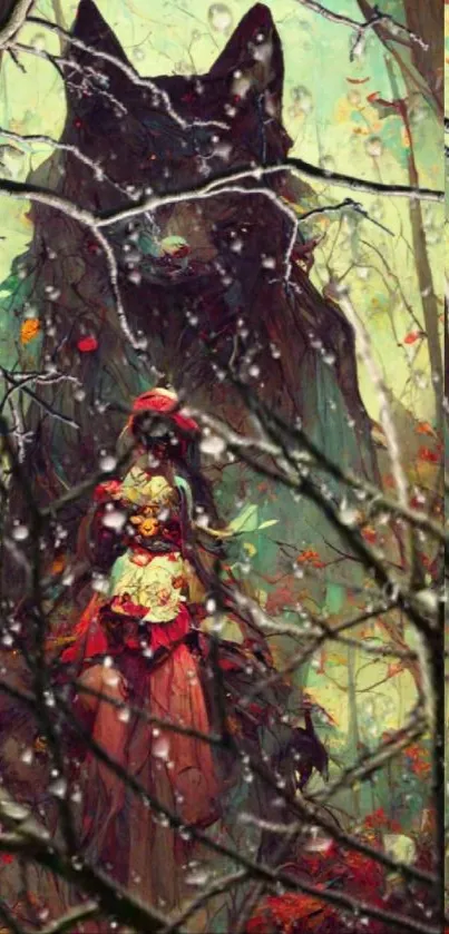 Mystical forest scene with wolf and lady in artful style.