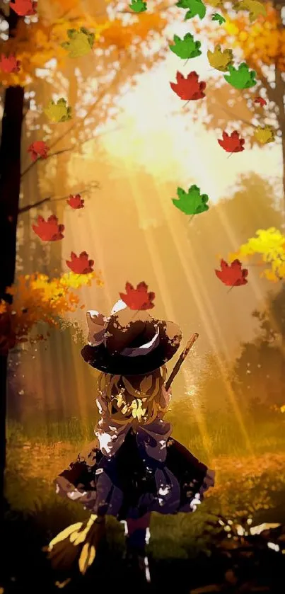 Anime style character walking through a sunlit autumn forest.