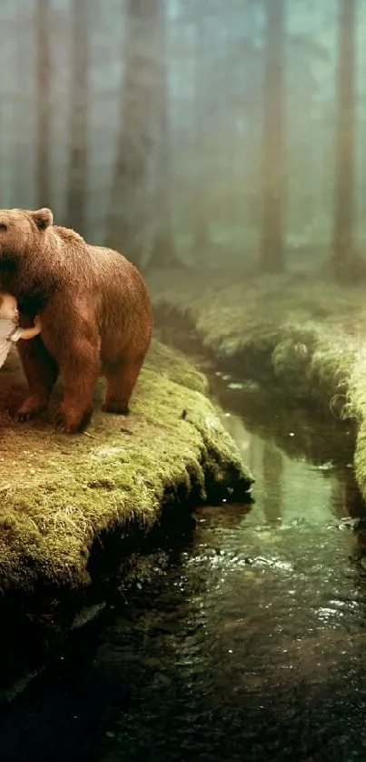 Bear and child in a tranquil forest setting by a stream.