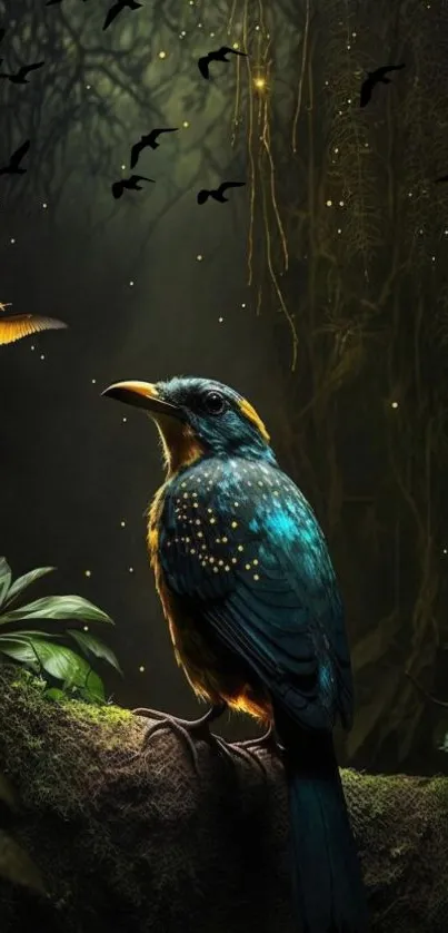 Vibrant bird in mystical forest setting with lush foliage and soft lighting.