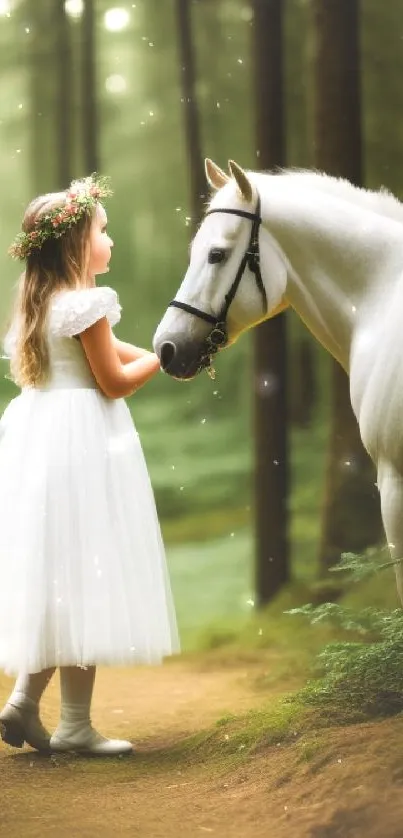 Girl with white horse in lush green forest scene.