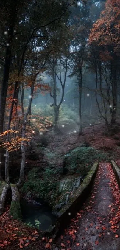 Misty forest with a stone bridge and autumn leaves.