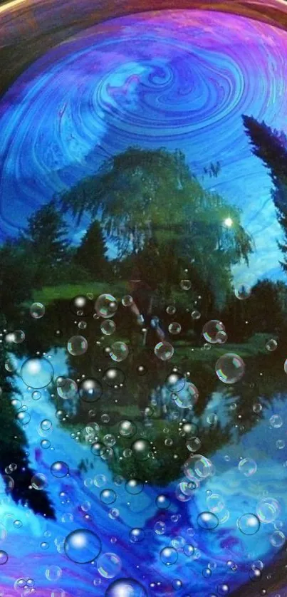 Enchanting forest scene within a vibrant bubble art.