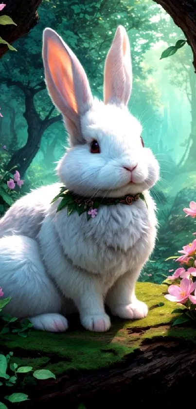 White rabbit in a magical forest with pink flowers.