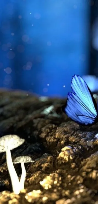 Blue butterfly and mushrooms in mystical forest scene wallpaper.