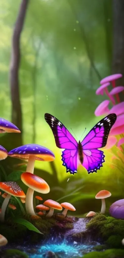 Purple butterfly flutters in mystical forest scene with glowing mushrooms.