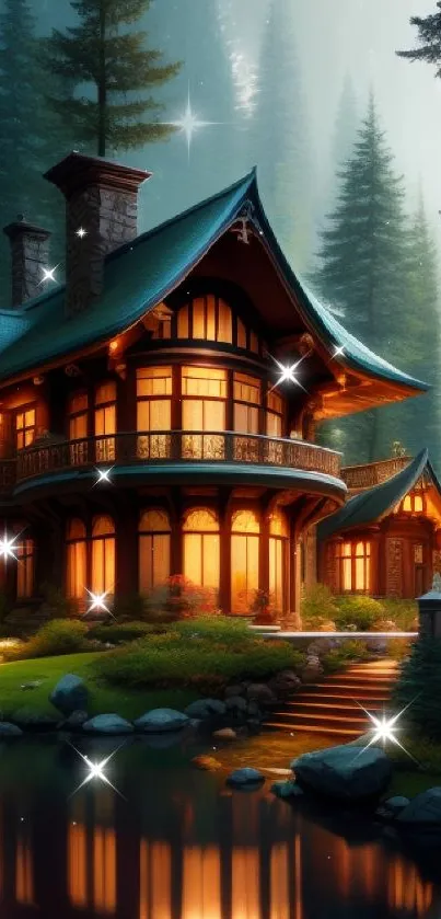 A serene forest cabin with glowing lights and lush greenery reflected in a peaceful pond.