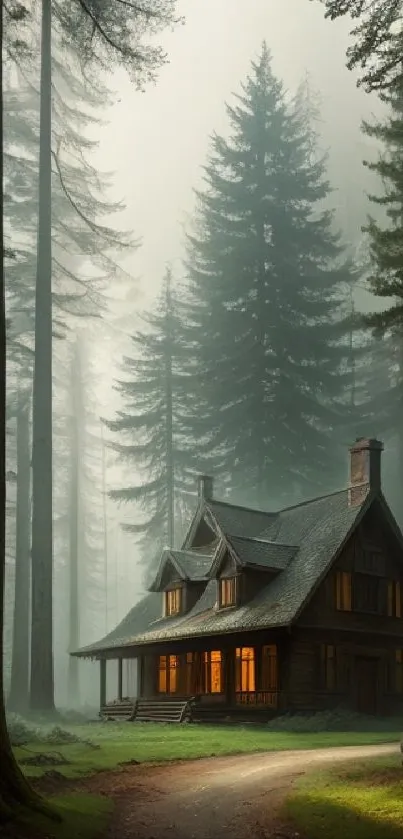 Cozy forest cabin surrounded by tall, misty trees and glowing windows.