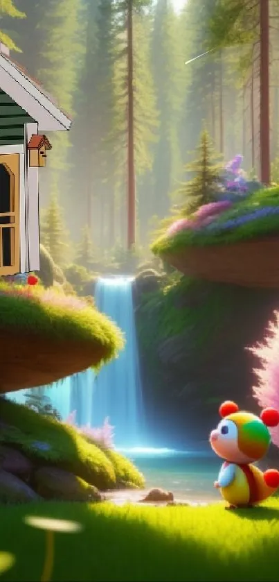 Colorful cartoon character and house in a vibrant forest with a waterfall.