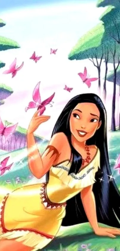 Charming cartoon character with butterflies in forest setting background.