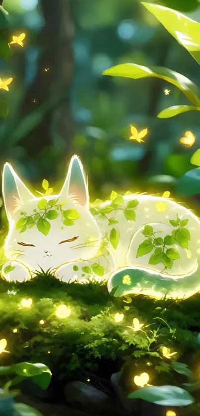Mystical forest cat surrounded by glowing leaves.