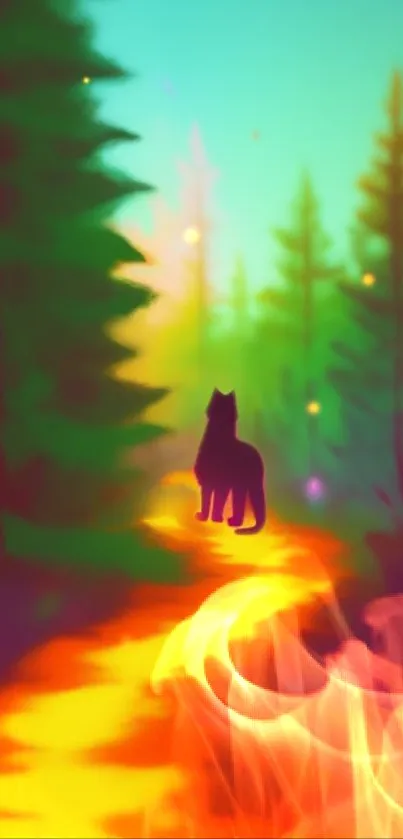 Mystical forest with cat silhouette wallpaper in vibrant colors.